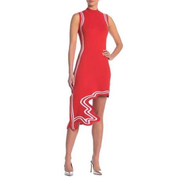 Gracia Wave Cut Hem Knit Bodycon Dress, red and white, sz small - Picture 1 of 9